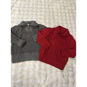 Cat And Jack Boys Size 4-5 Cable Knit Sweaters Red Gray Warm Pullover 2 Pieces